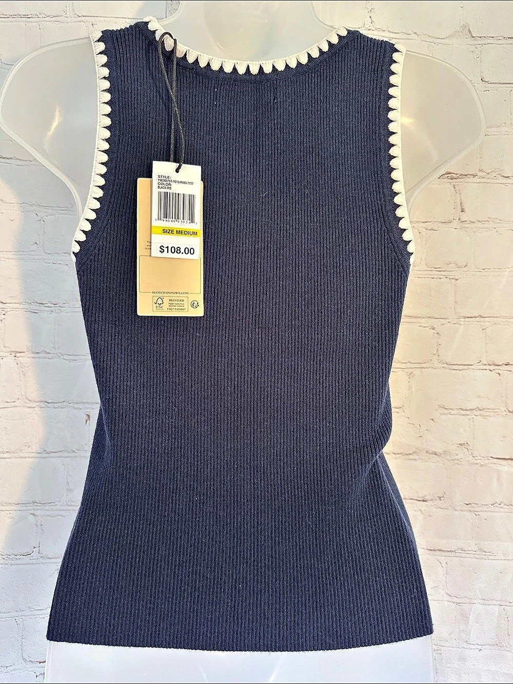 Scotch & Soda Ribbed Contrast Embroidered Trim Tank Sweater Top Blue Medium NWT